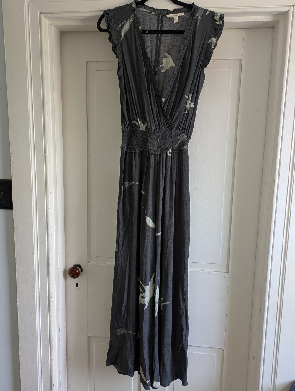 grade & gather Ruffled Gray Jumpsuit w/ Abstract Ivory Print, Gathered Waist S